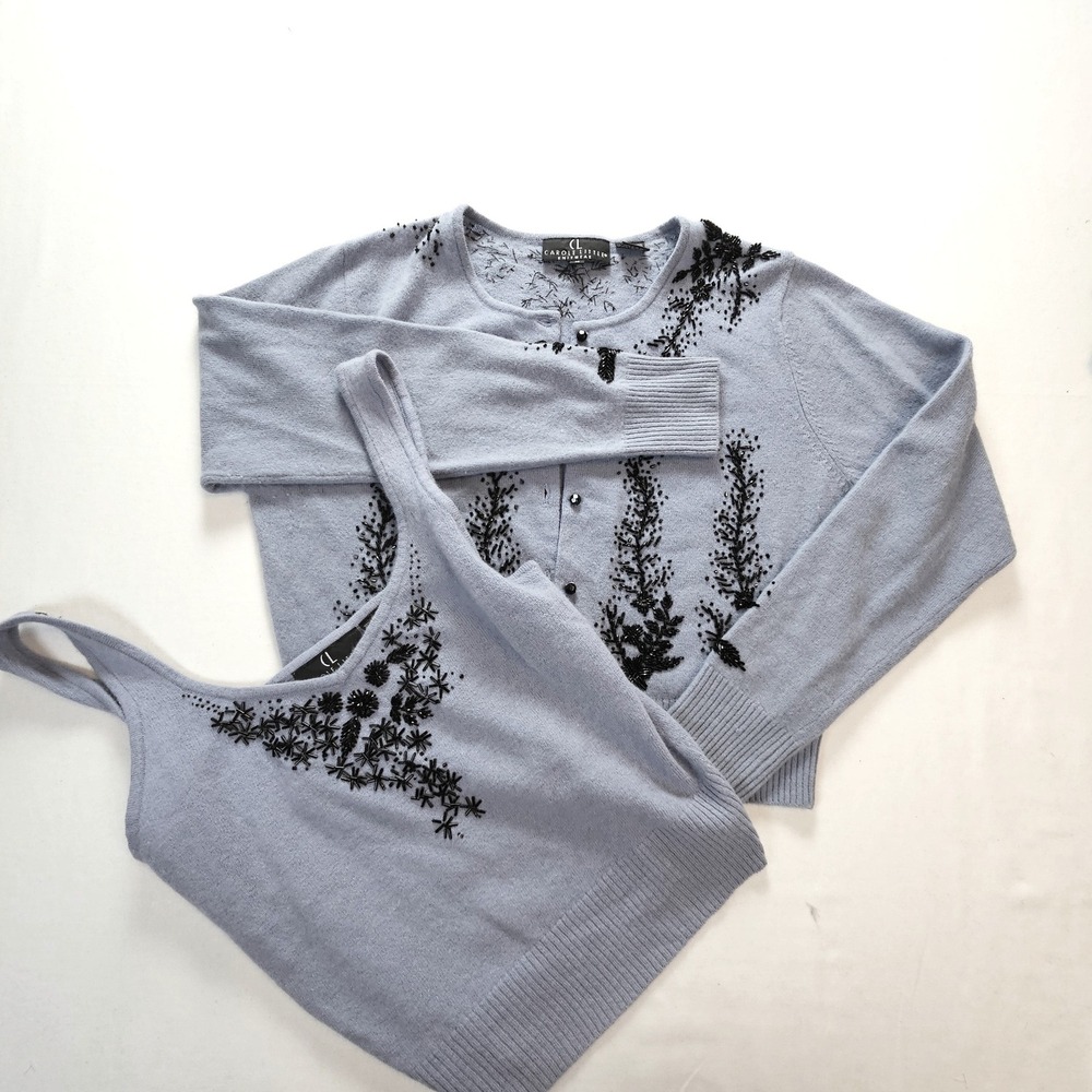 Vintage Carole Little Blue Beaded Cardigan & Tank Set Lambswool Angora Medium